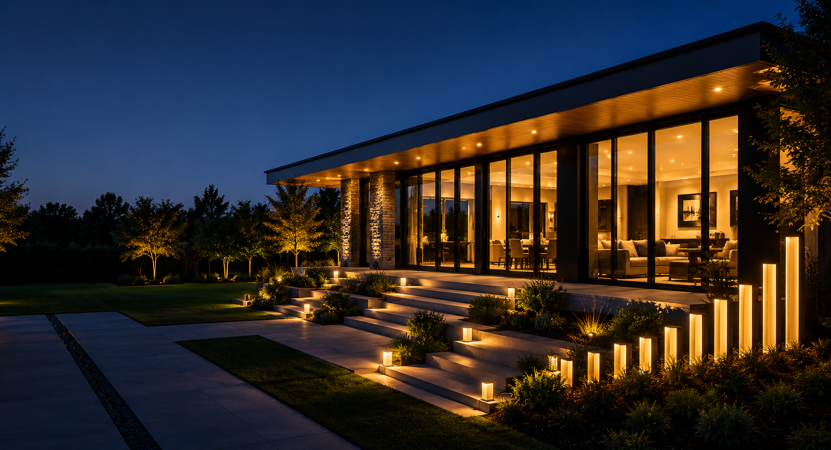 Modern window & door home at dusk